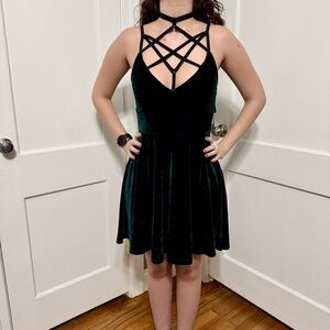 Killstar Strappy Velvet Mini Dress in Dark Green